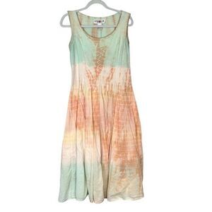 The Pyramid Collection Dress Vintage Small Peach Green Cotton Tie Dye Ombre Midi